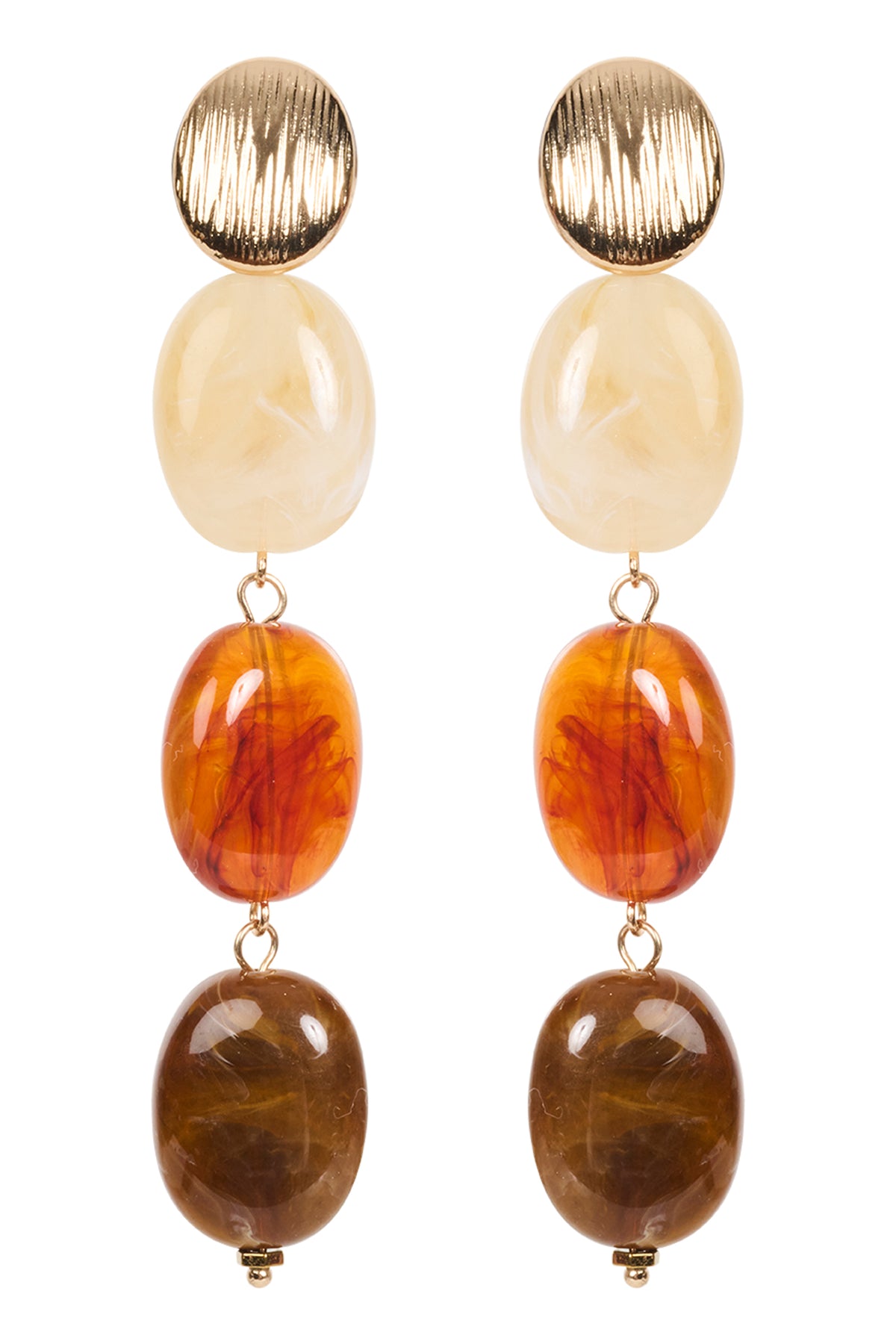 Pair of earrings with gold, beige, orange, and brown beads on a white background