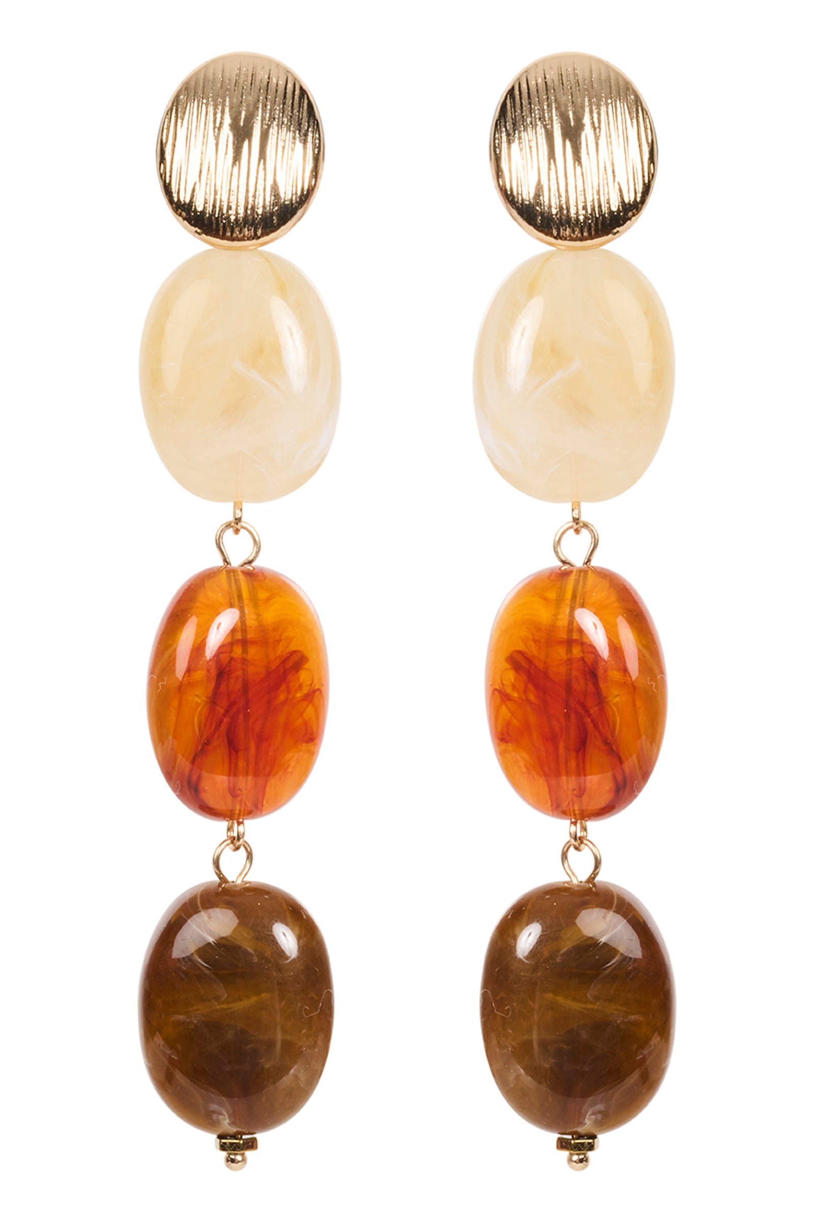 Pair of earrings with gold, beige, orange, and brown beads on a white background