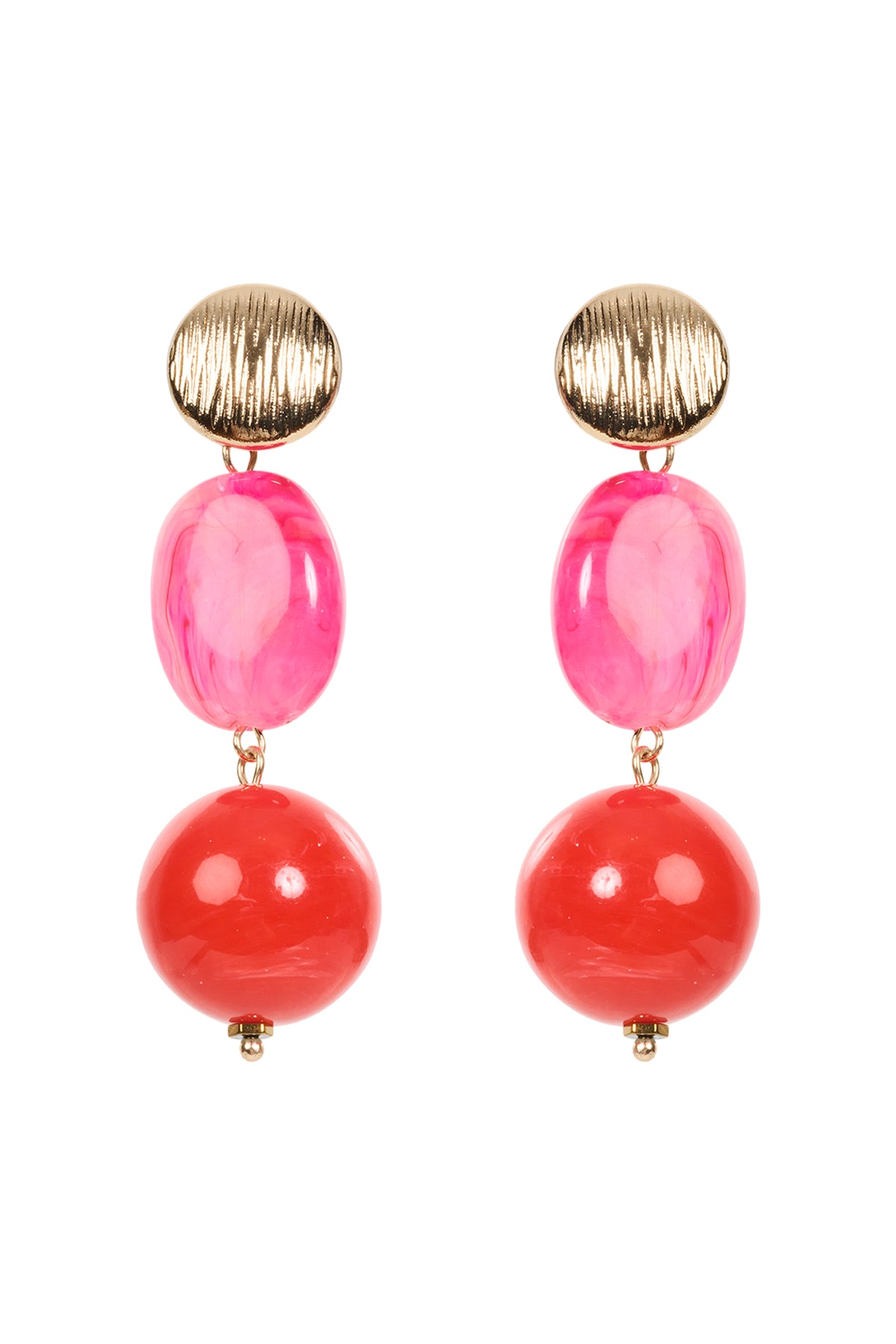 Pair of earrings with pink and red beads on a white background