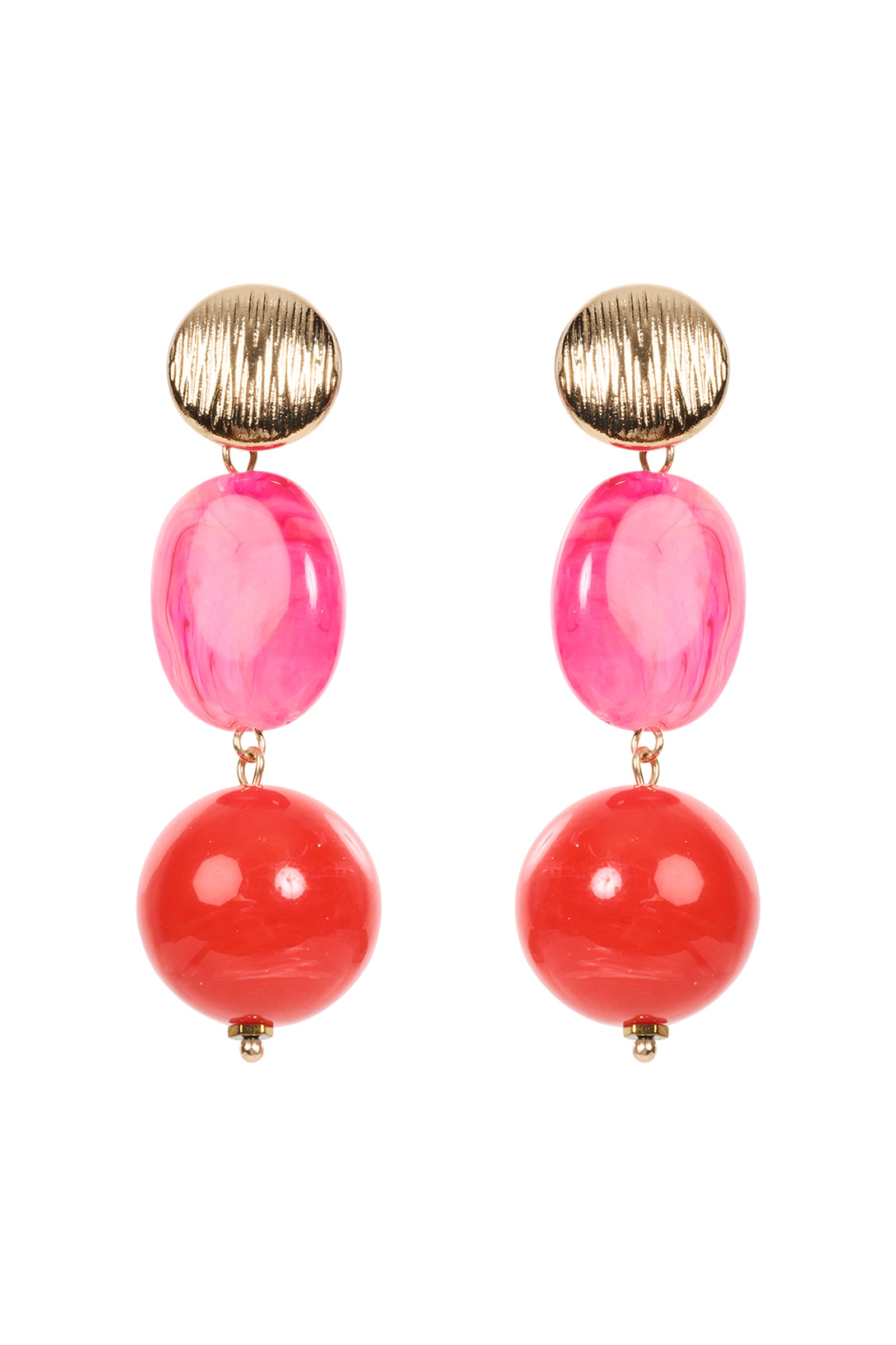 Pair of earrings with pink and red beads on a white background