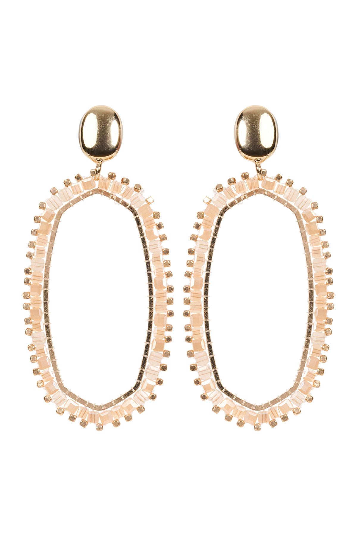 Pair of gold and beige earrings on a white background