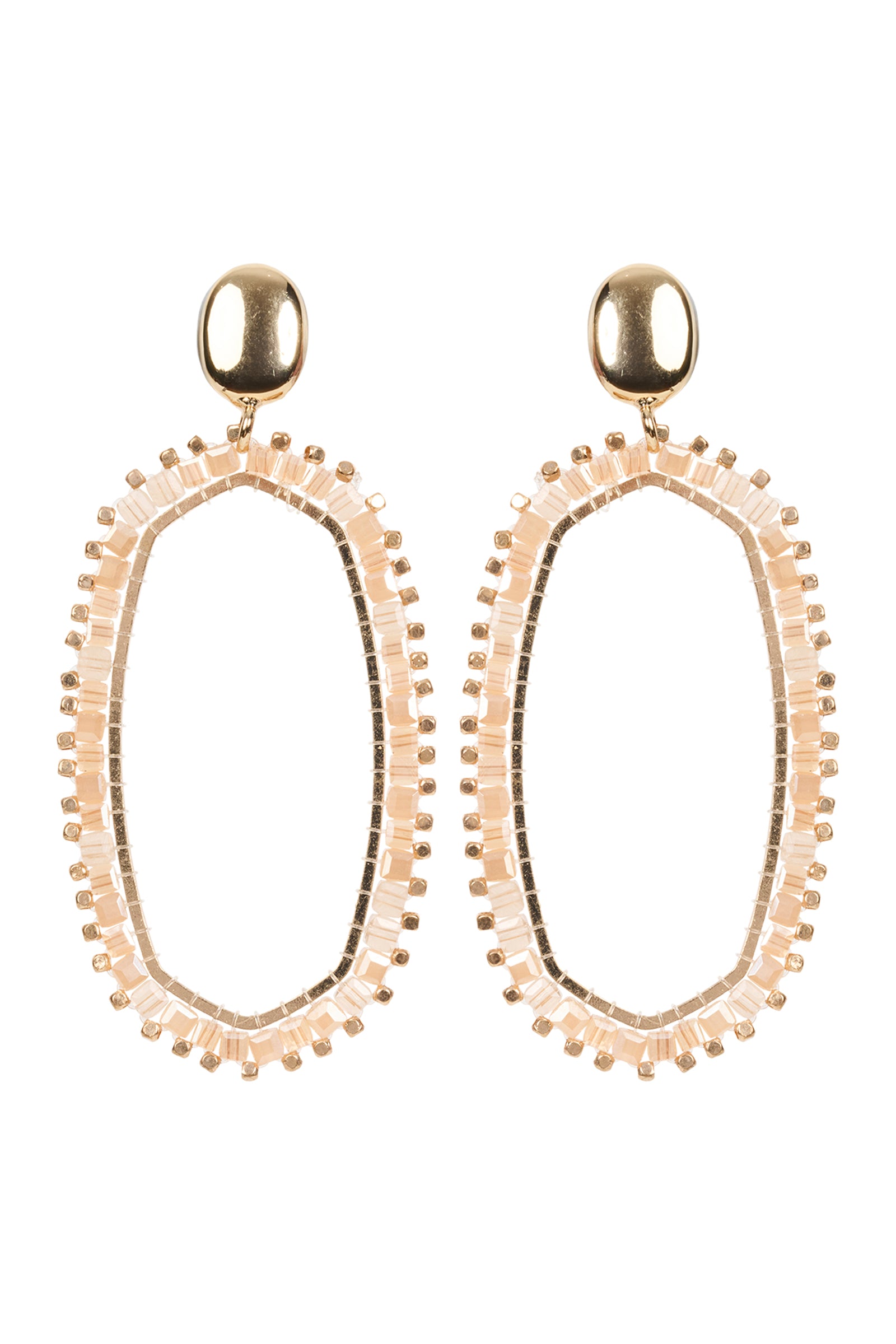 Pair of gold and beige earrings on a white background