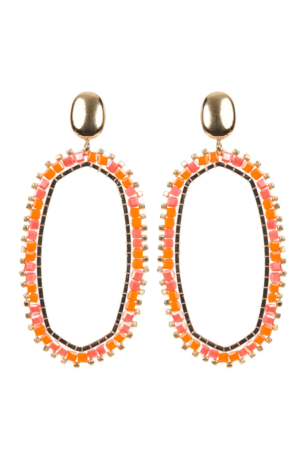 Pair of colorful beaded earrings on a white background