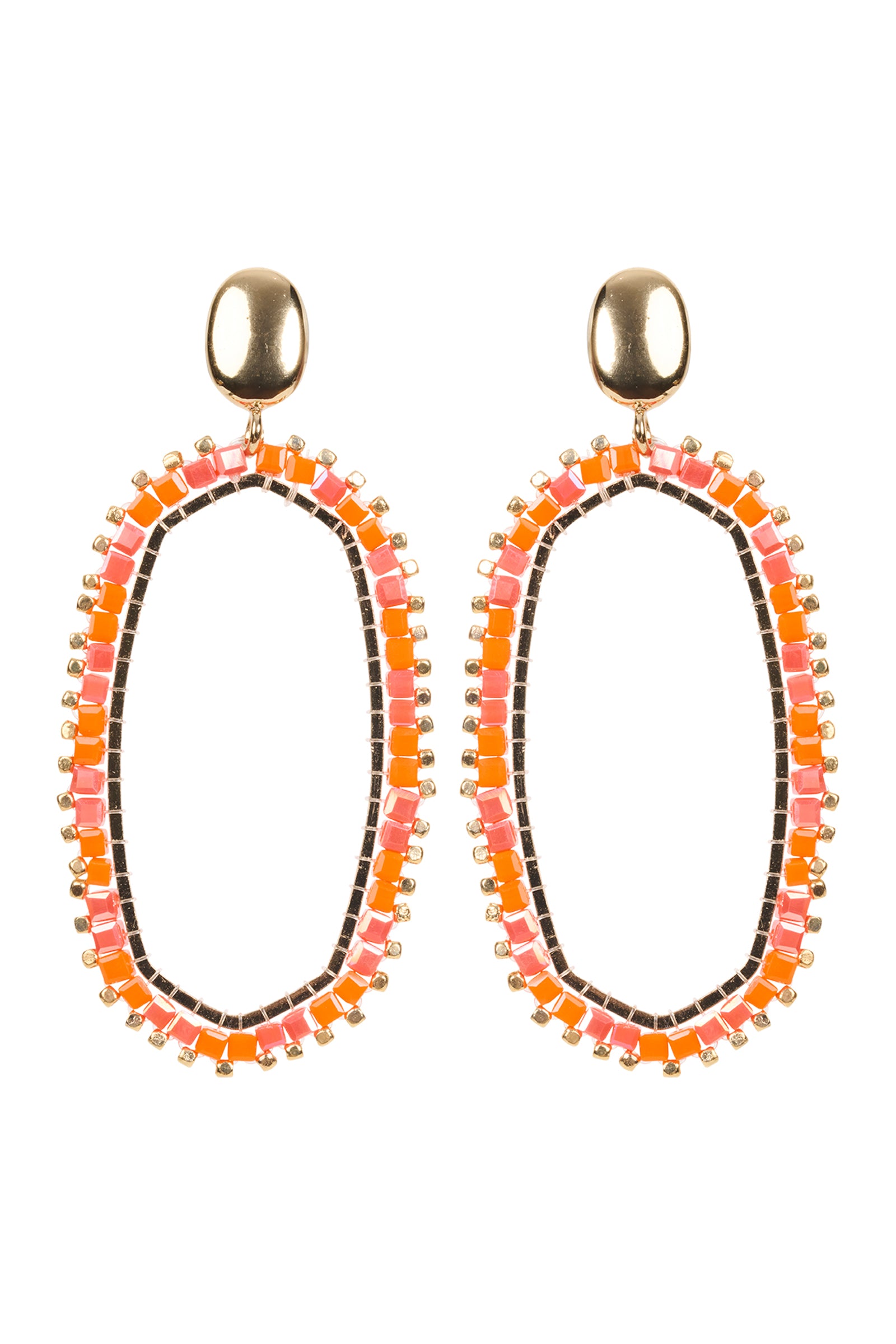 Pair of colorful beaded earrings on a white background
