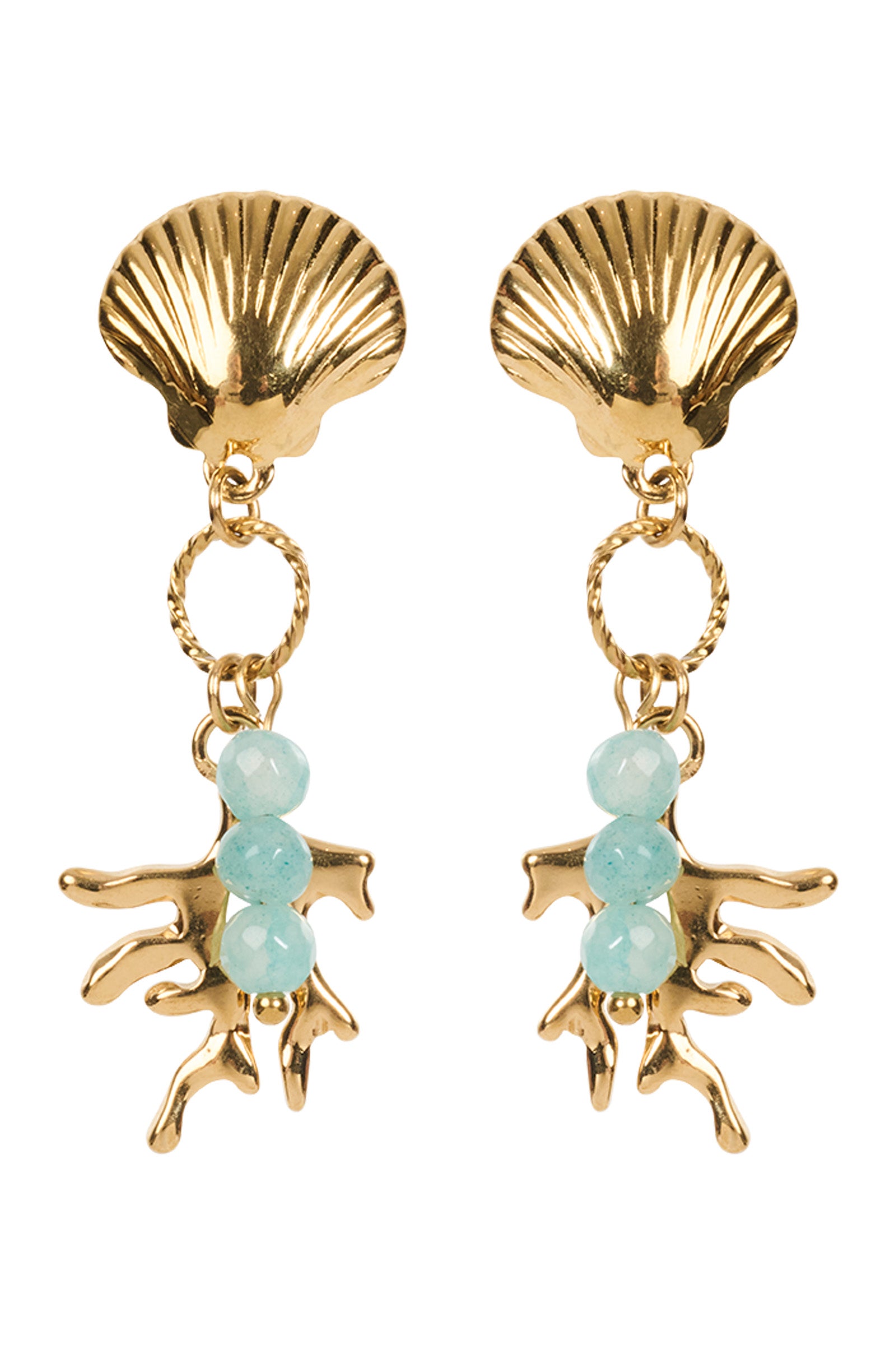 Gold shell earrings with turquoise stones on a white background