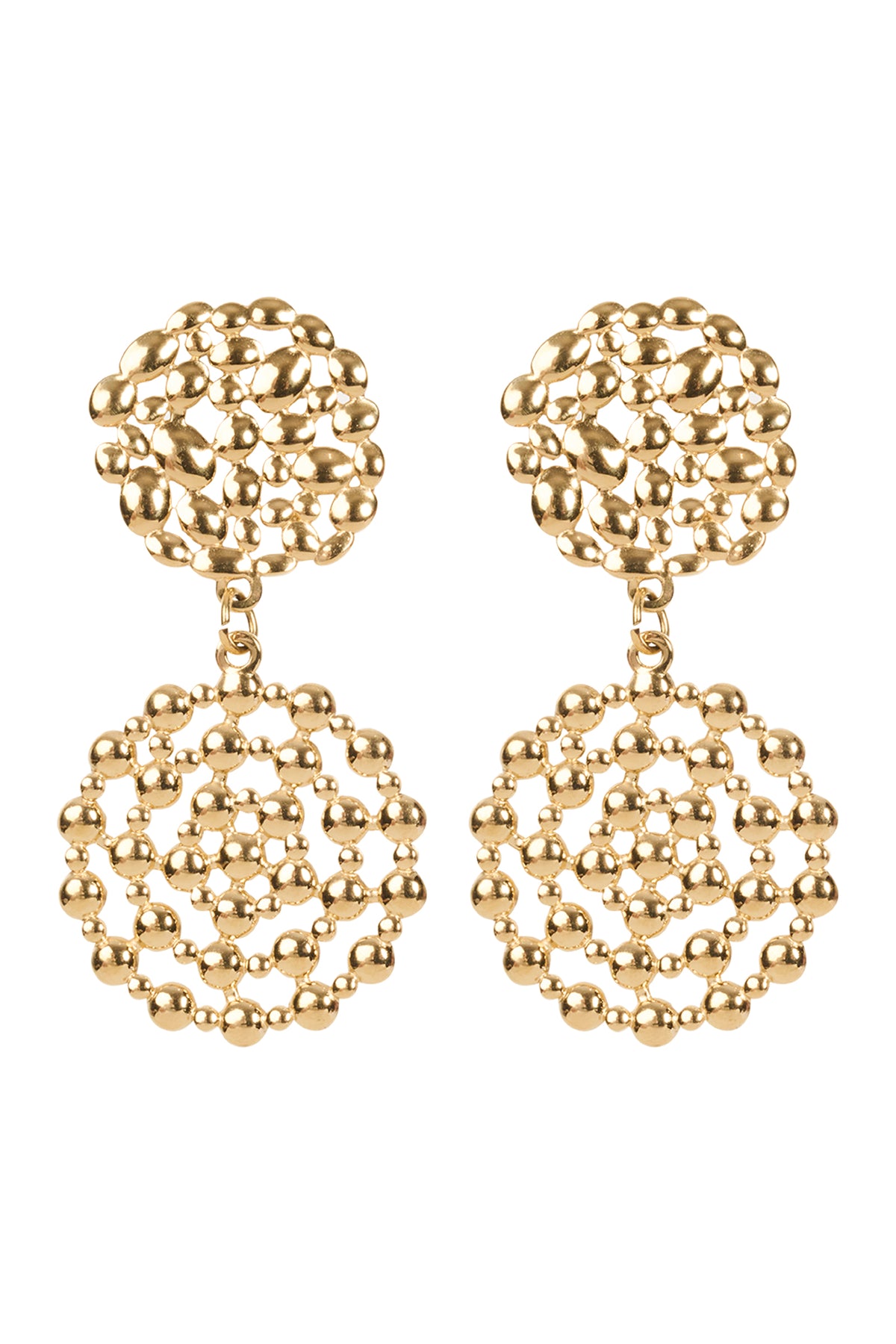 Gold earrings with intricate design on a white background