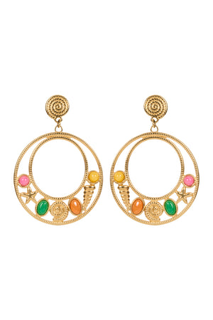 Pair of gold hoop earrings with colorful beads on a white background