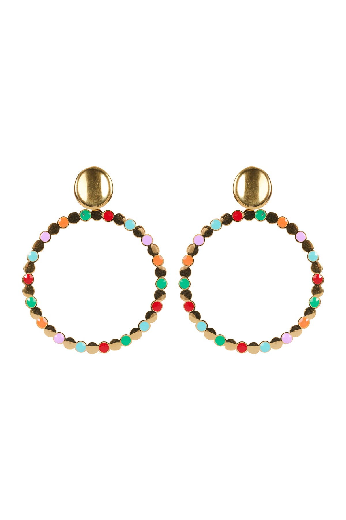 Colorful beaded hoop earrings with gold accents on a white background