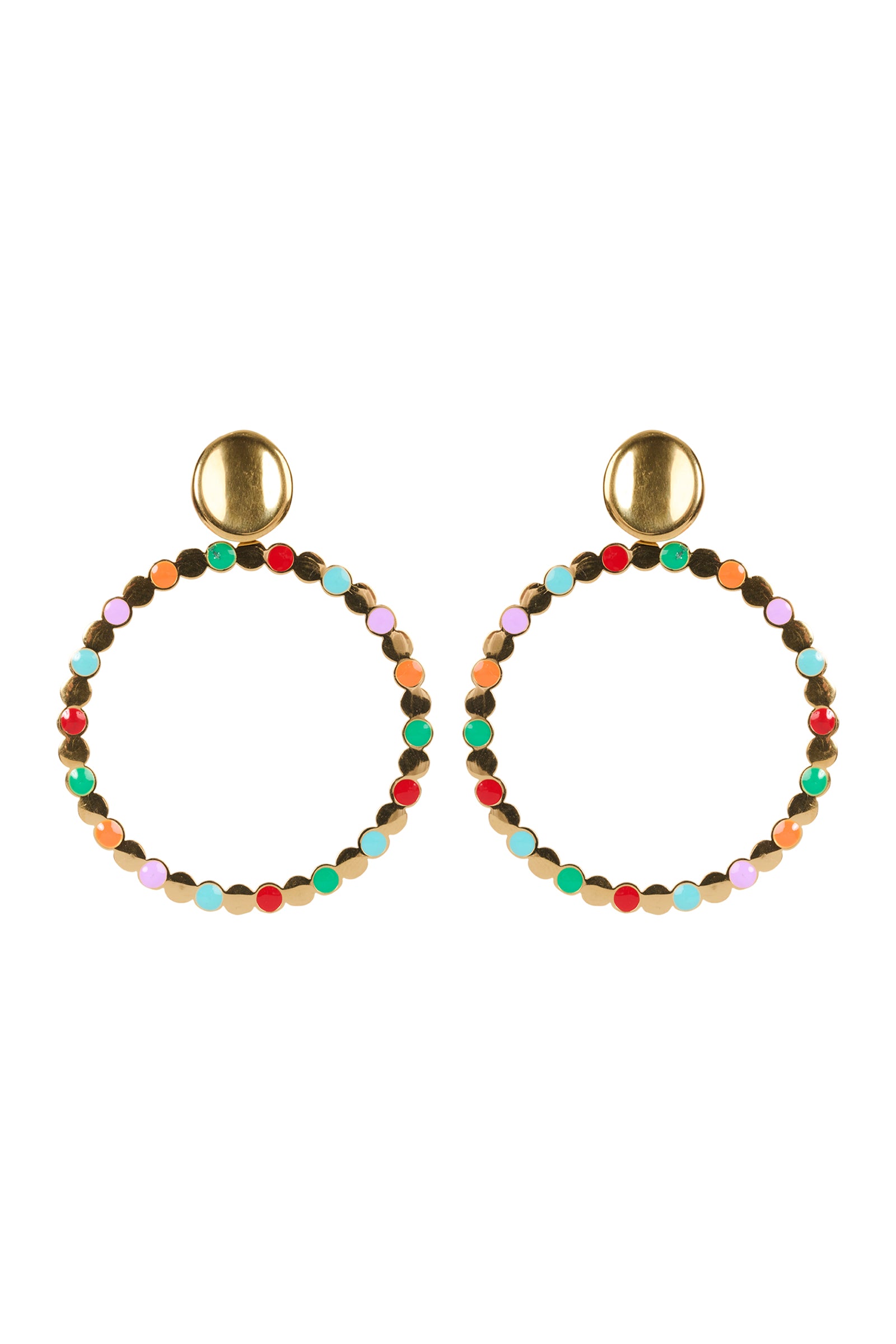 Colorful beaded hoop earrings with gold accents on a white background