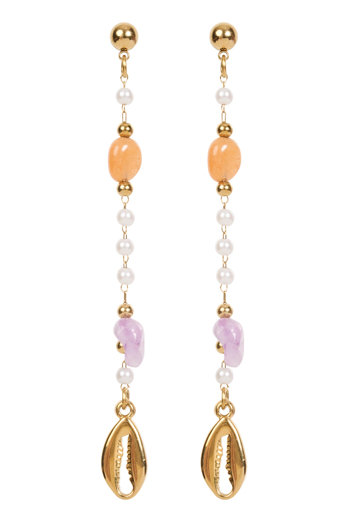 Pair of earrings with gold, peach, and pink beads on a white background