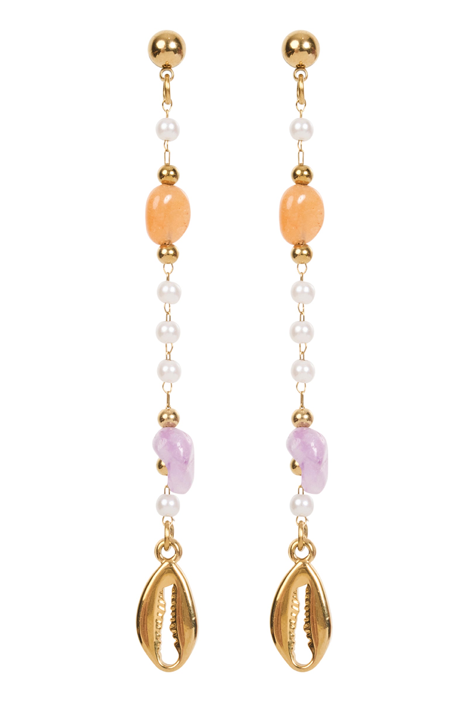 Pair of earrings with gold, peach, and pink beads on a white background