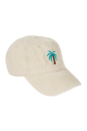 Beige cap with a palm tree design on a white background