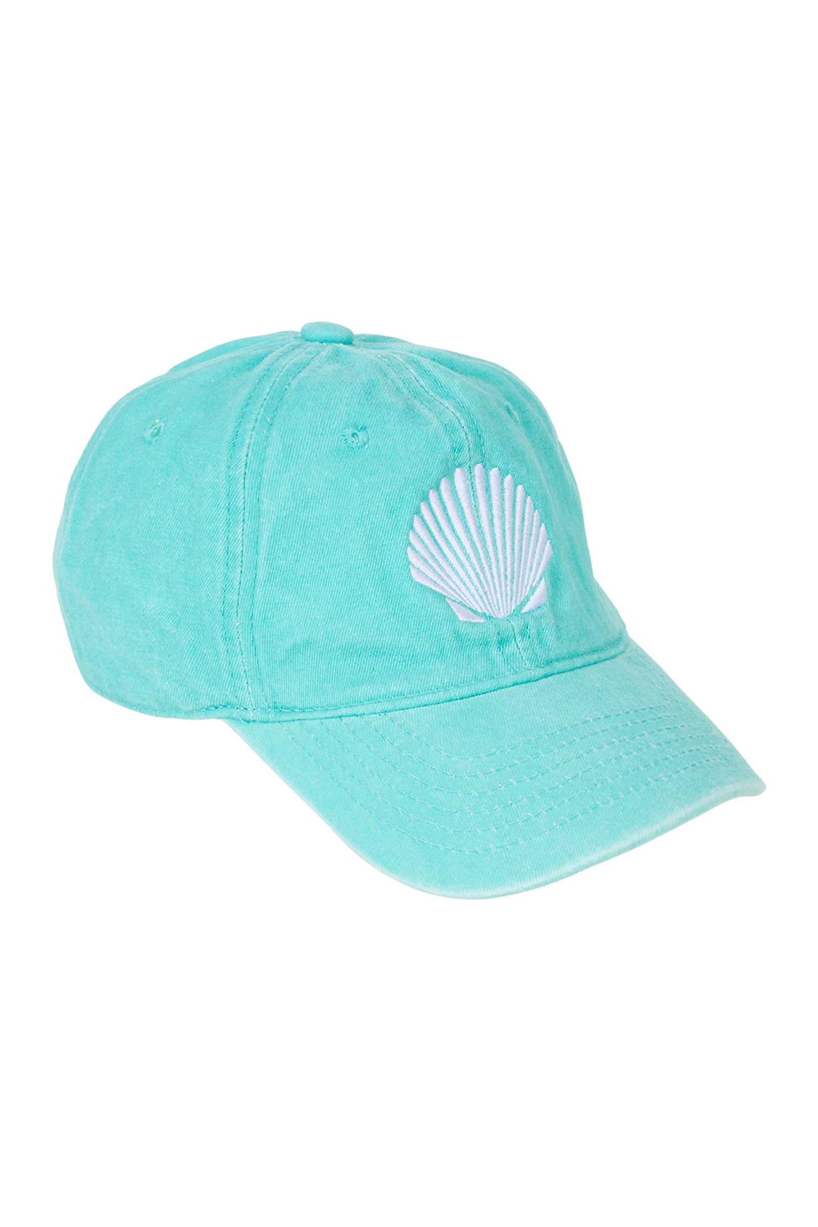 Turquoise cap with a white shell design on a white background