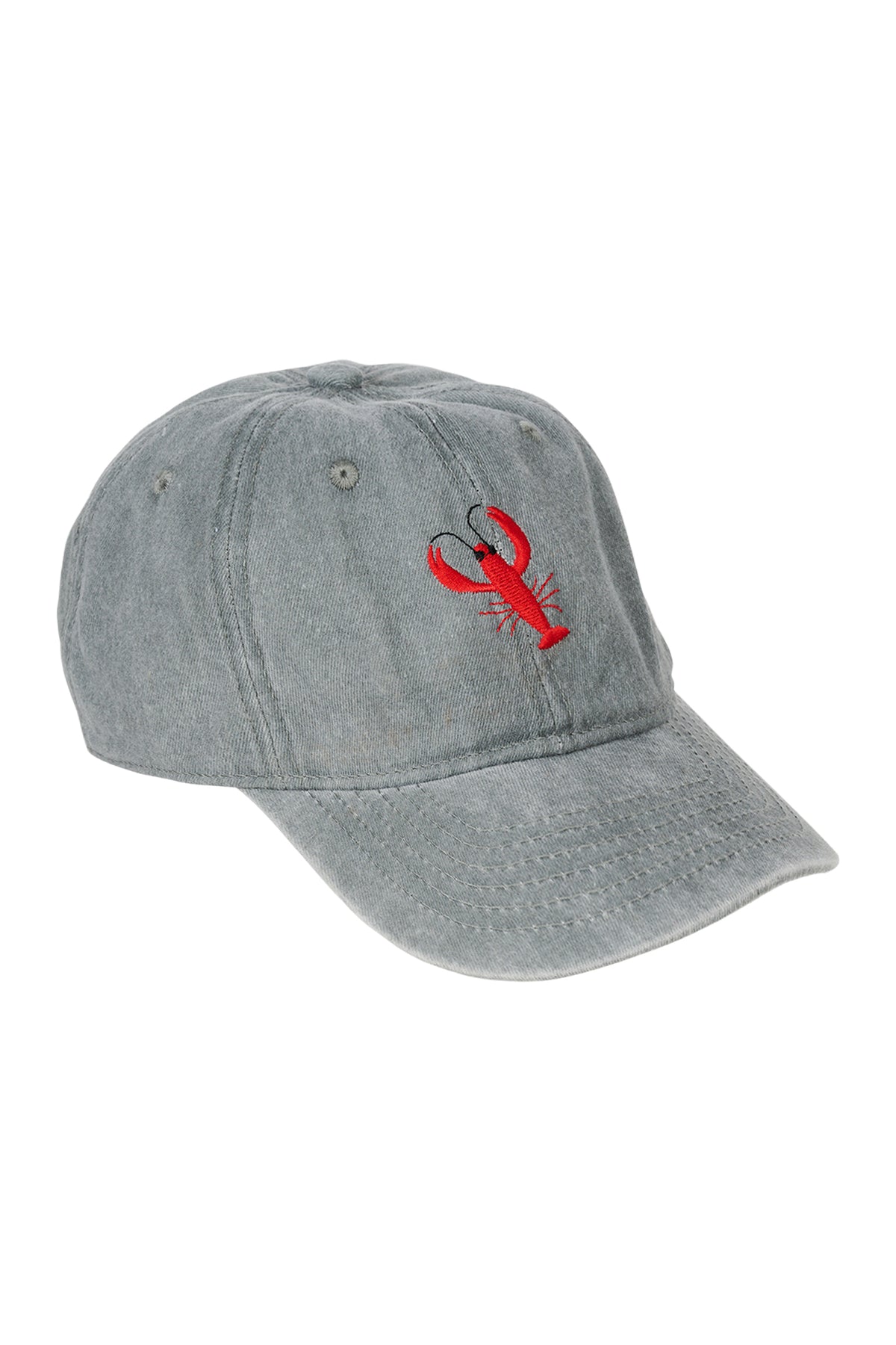 Gray cap with a red lobster emblem on a white background