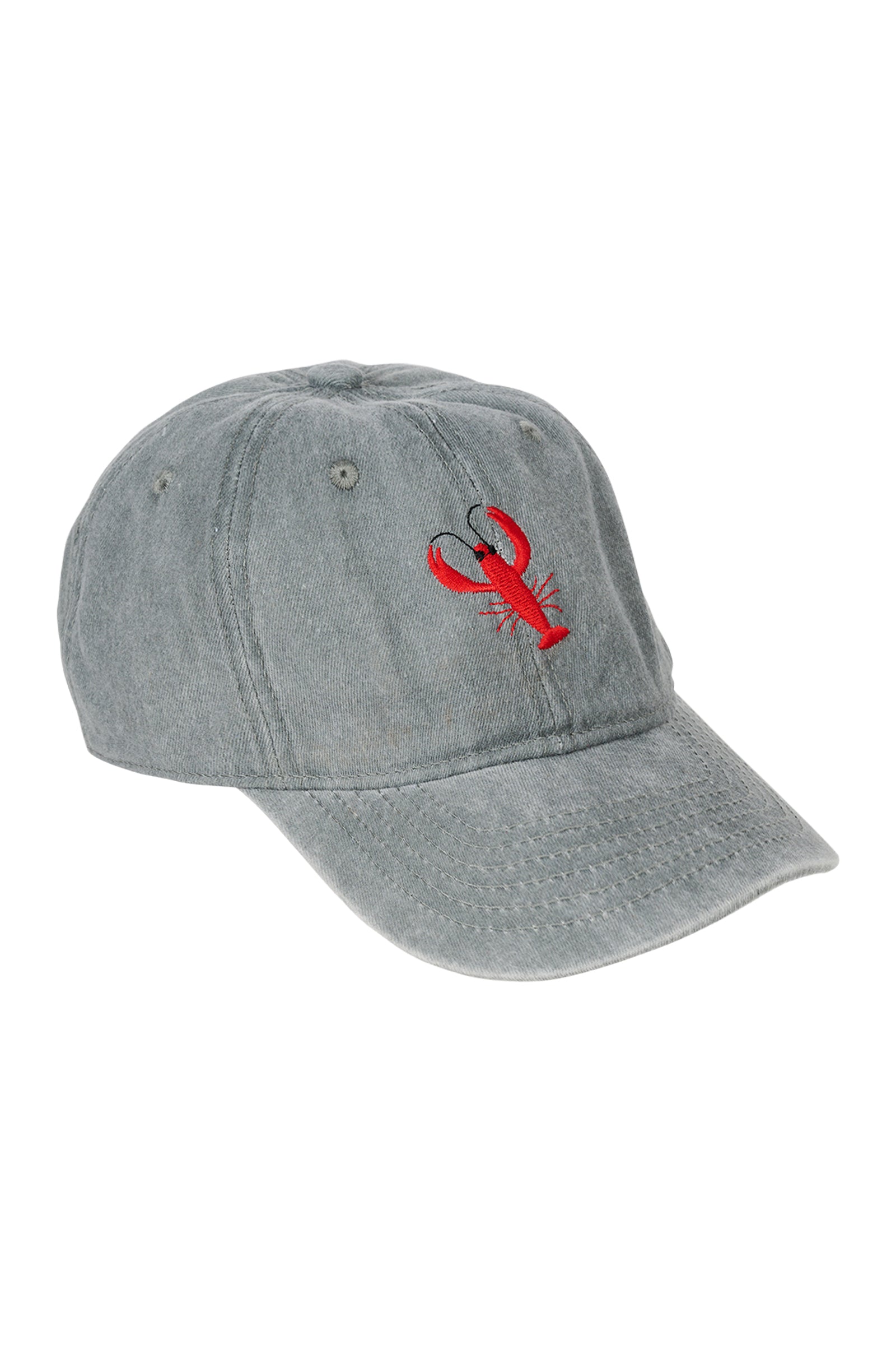 Gray cap with a red lobster emblem on a white background