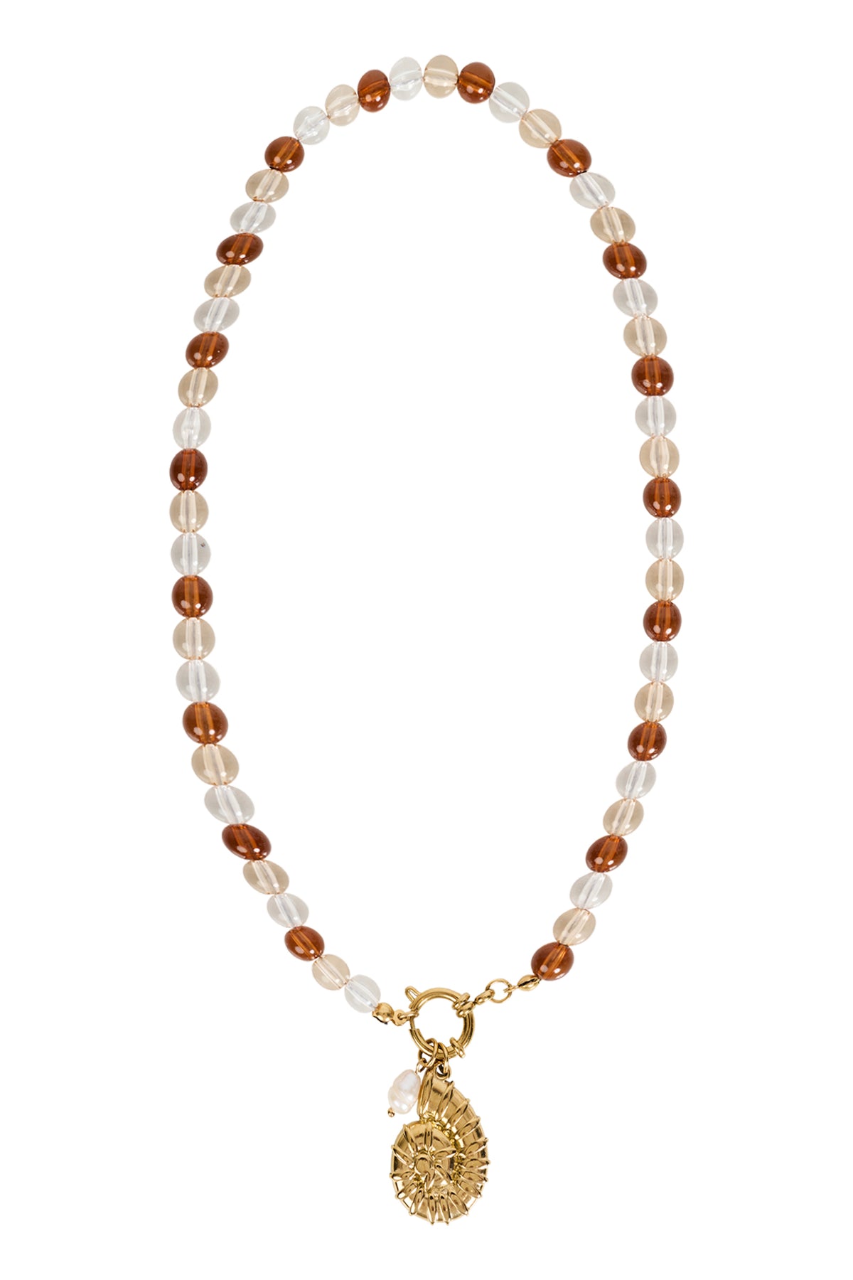 Necklace with beads and a gold pendant on a white background