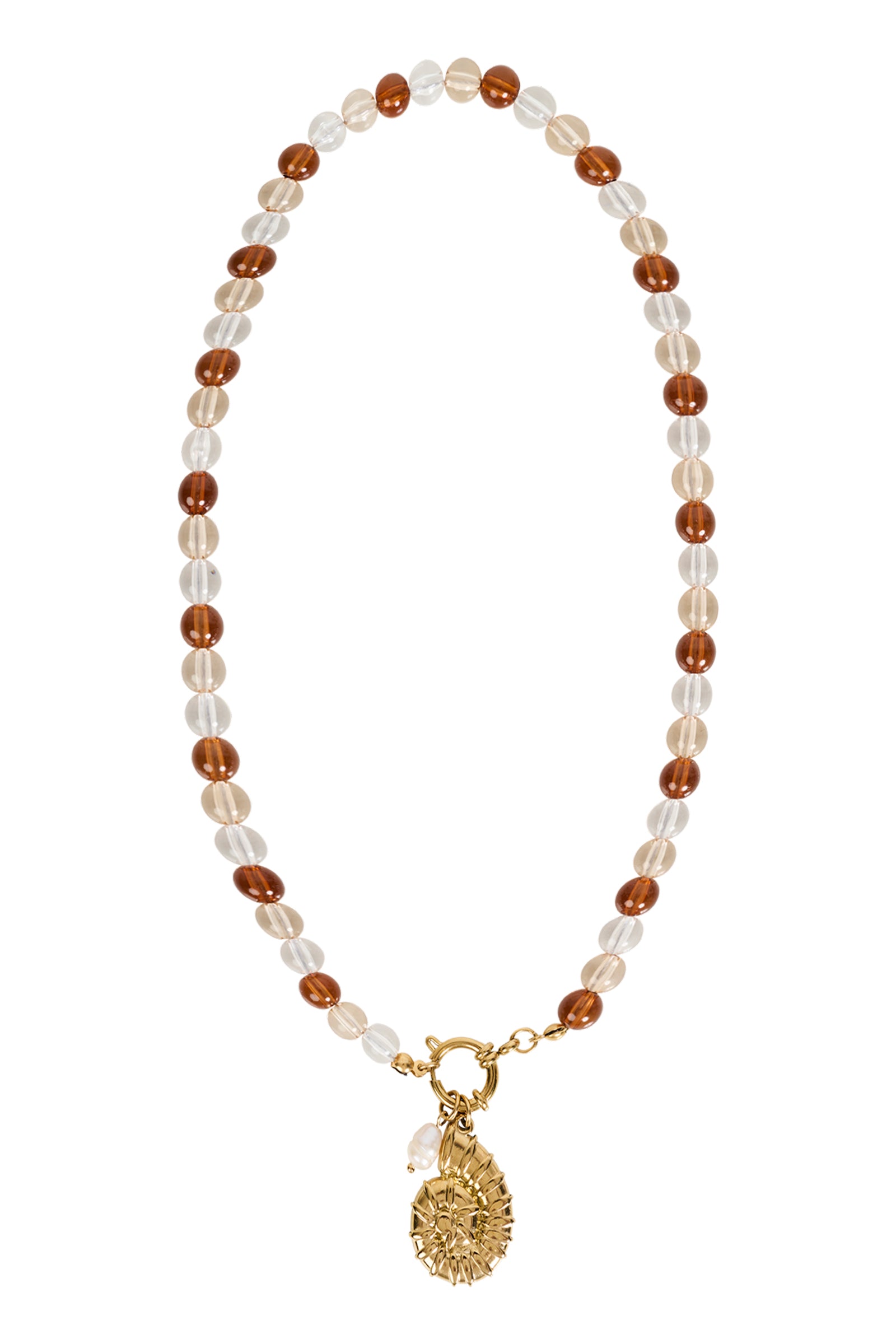 Necklace with beads and a gold pendant on a white background