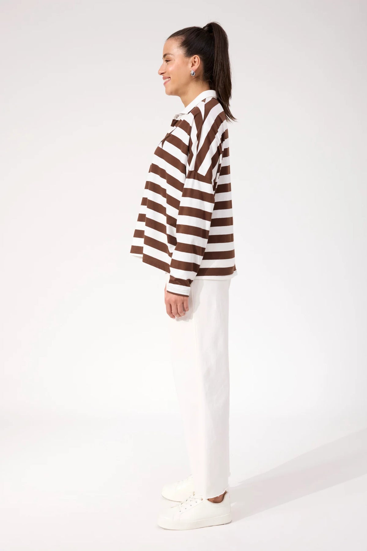 Haven Columbus Stripe Polo Top Brown
