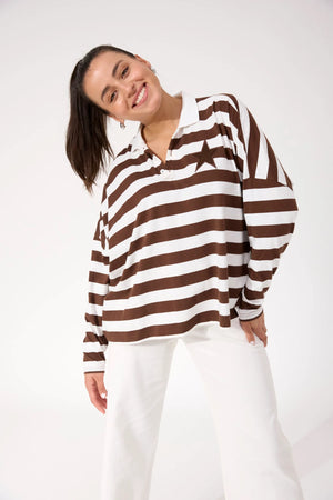Haven Columbus Stripe Polo Top Brown
