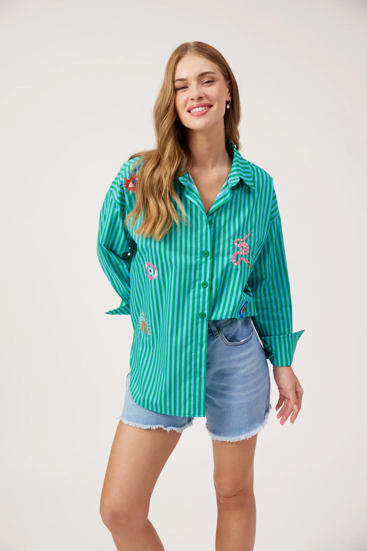 Haven Mykonos Embroidered Stripe Shirt Green