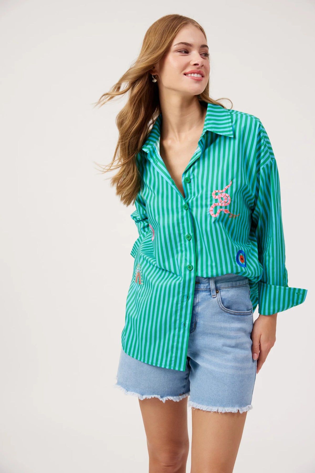 Haven Mykonos Embroidered Stripe Shirt Green