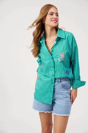 Haven Mykonos Embroidered Stripe Shirt Green