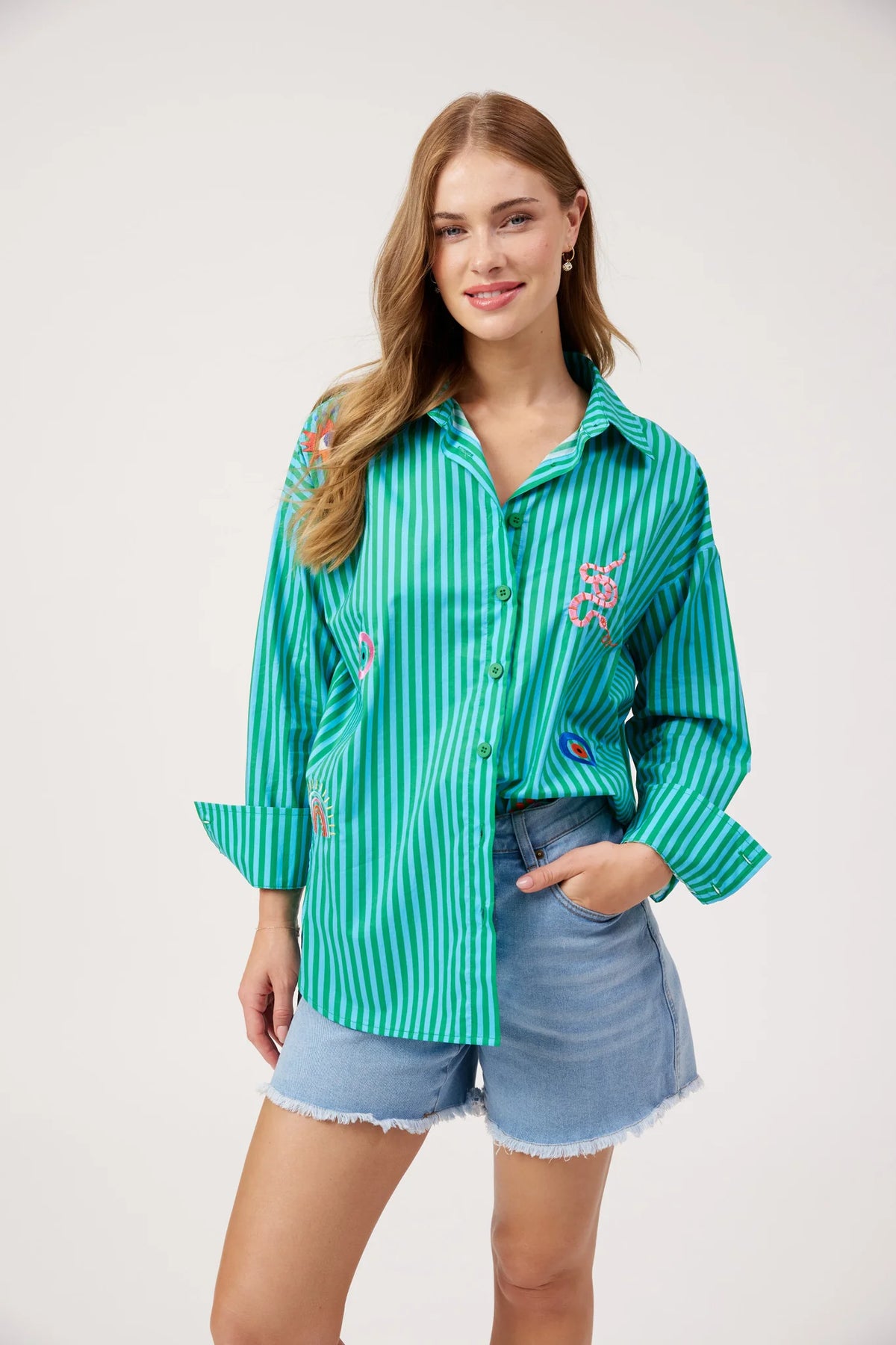 Haven Mykonos Embroidered Stripe Shirt Green