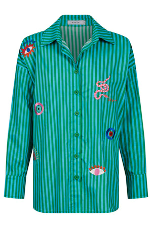 Haven Mykonos Embroidered Stripe Shirt Green