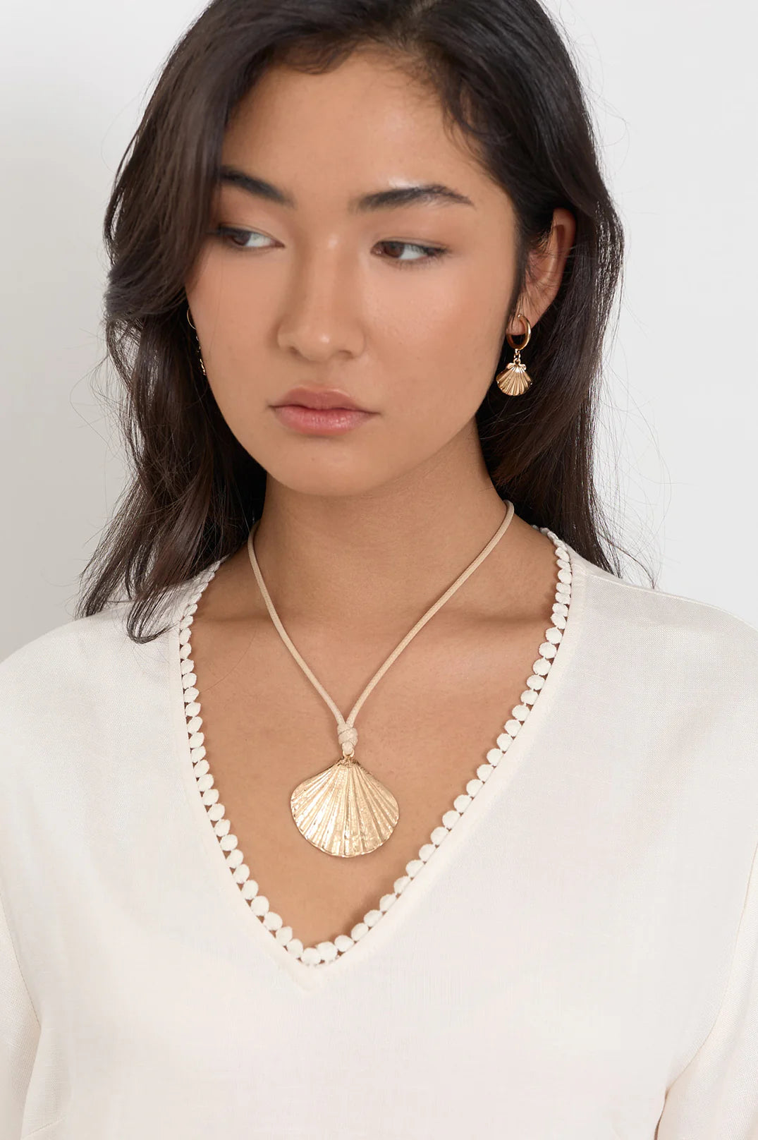 Adorne Shell Drop Adjustable Cord Necklace Camel Gold