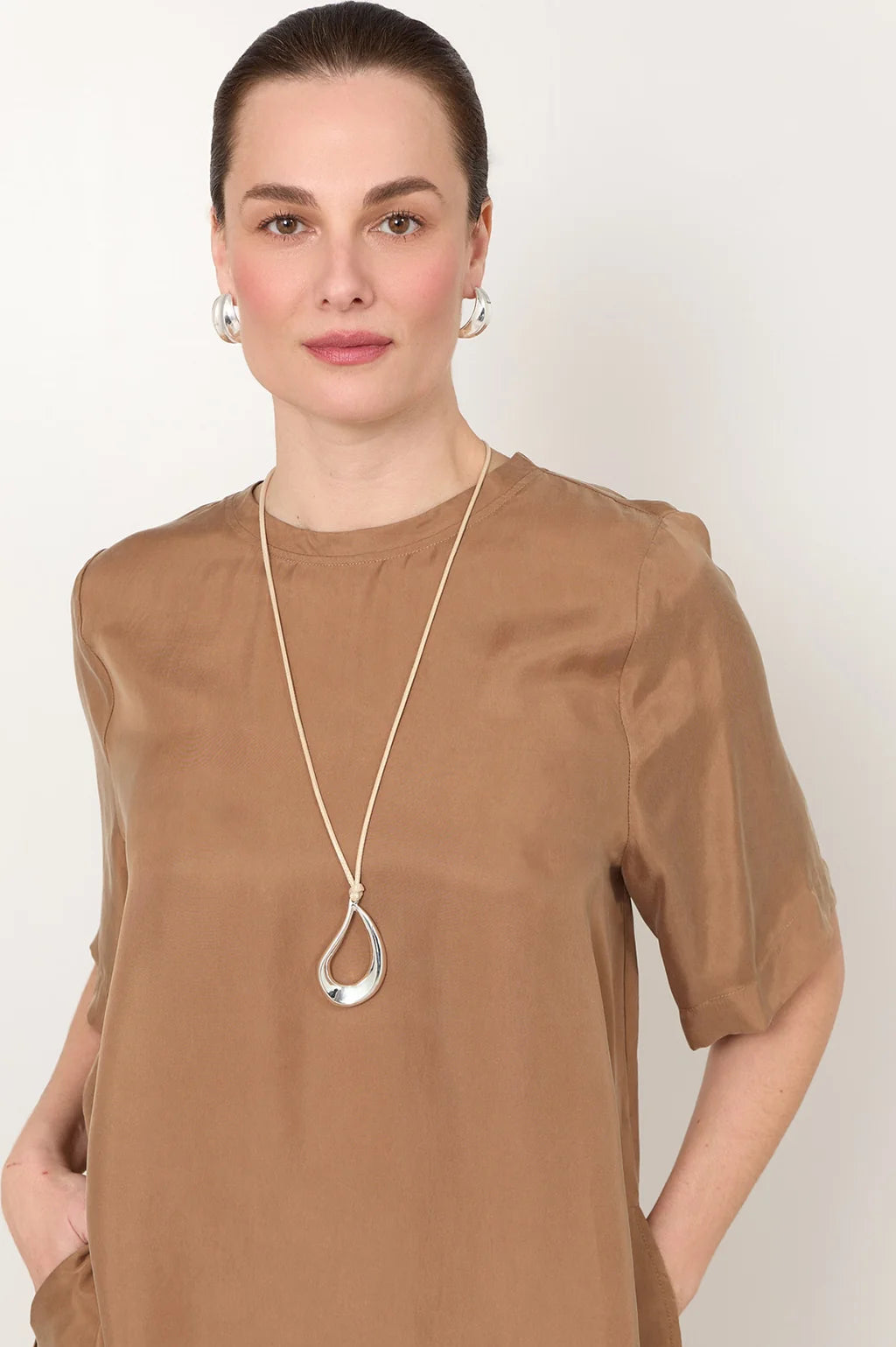Adorne Cut Out Pendant Drop Cord Necklace Camel Silver