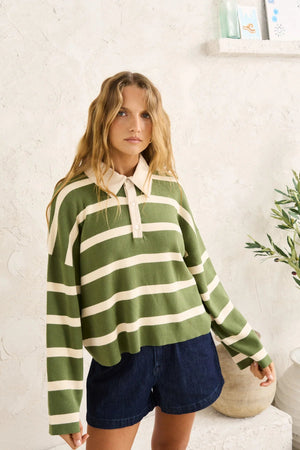 Rhythm Rugby Polo Knit Sweater Olive