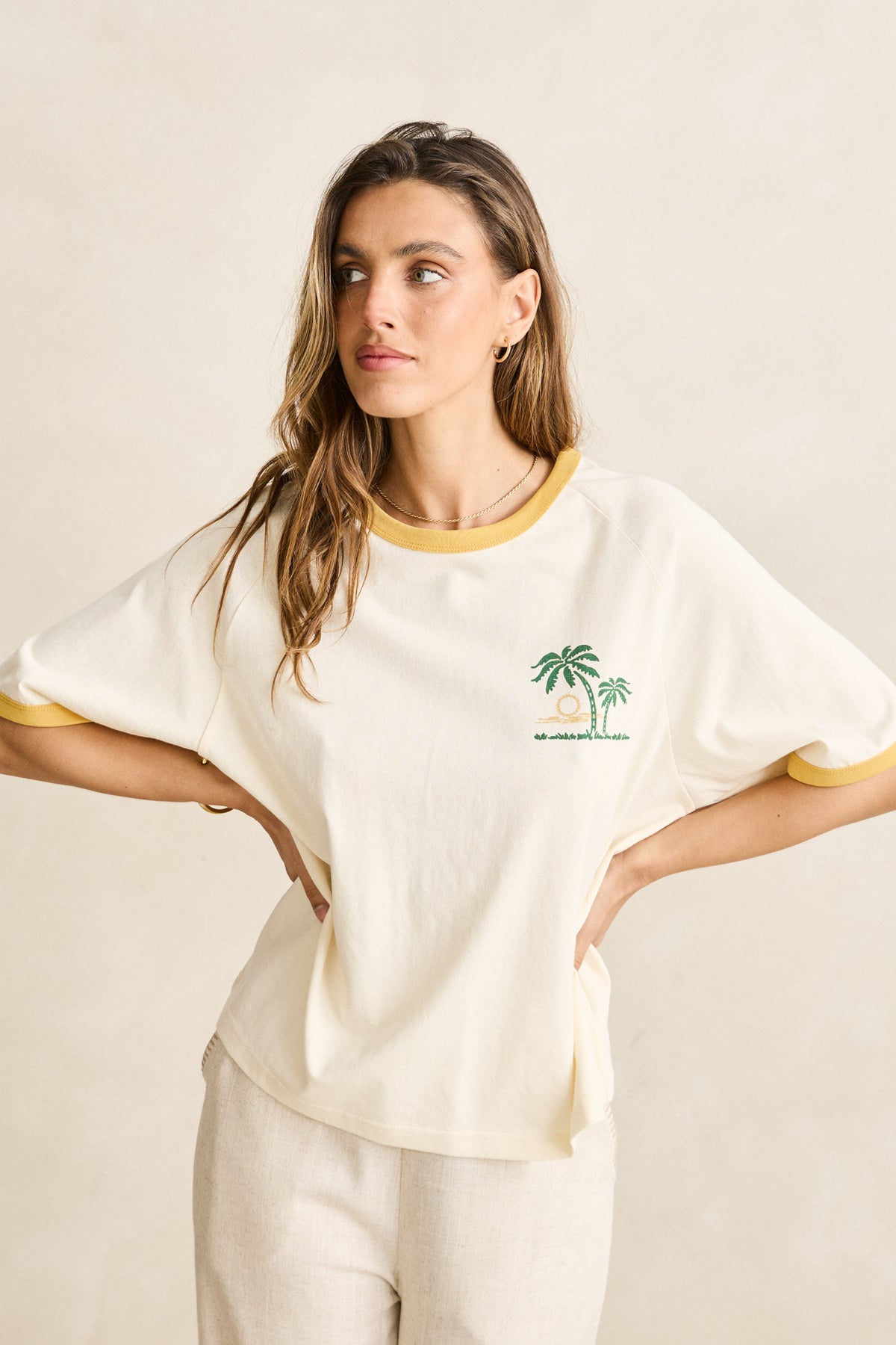Rhythm Sunset Palm Ringer Tee Cornsilk