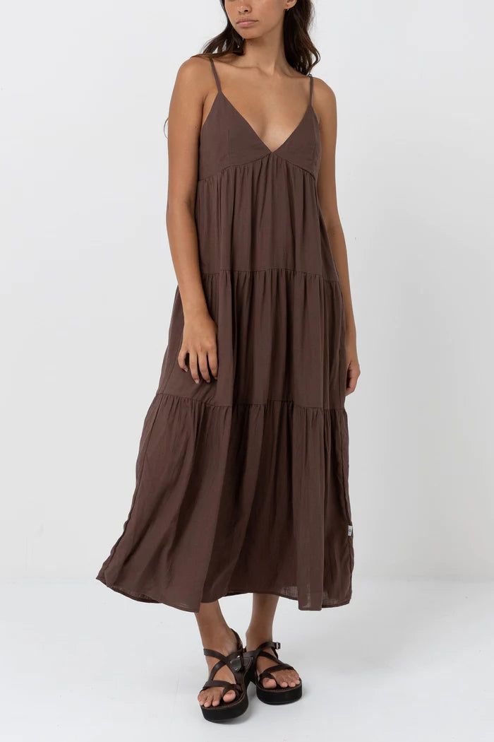 Rhythm Classic Tiered Midi Dress Chocolate - Goddess Noosa Rhythm Classic Tiered Midi Dress Chocolate - Goddess Noosa