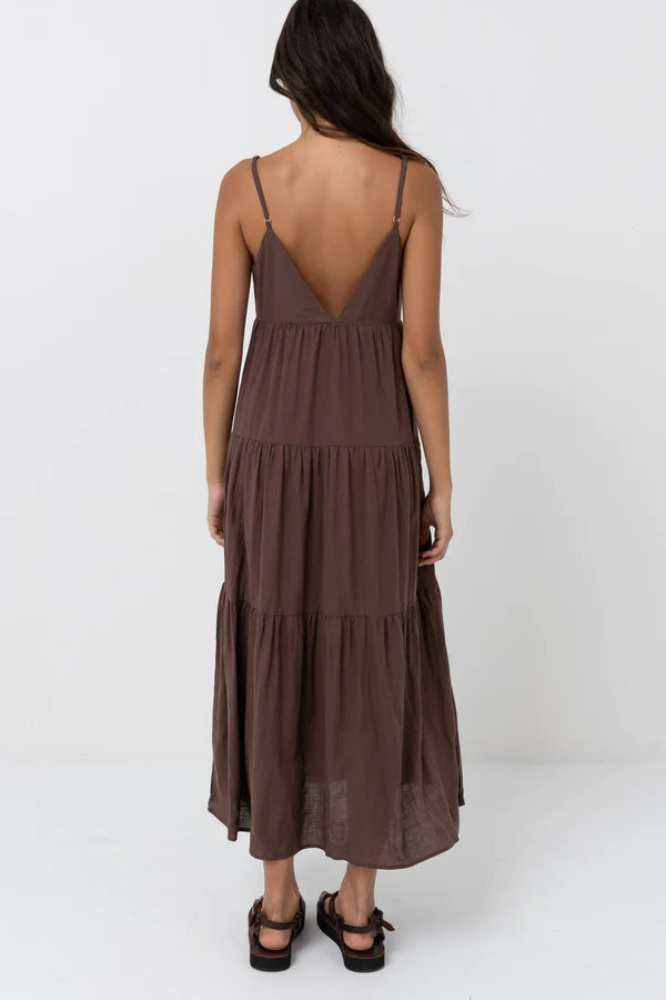 Rhythm Classic Tiered Midi Dress Chocolate - Goddess Noosa