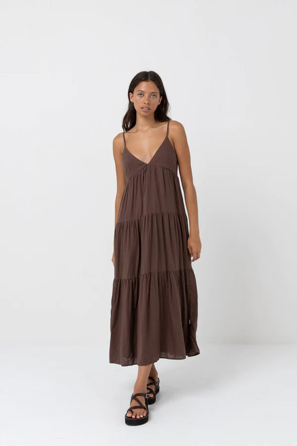 Rhythm Classic Tiered Midi Dress Chocolate