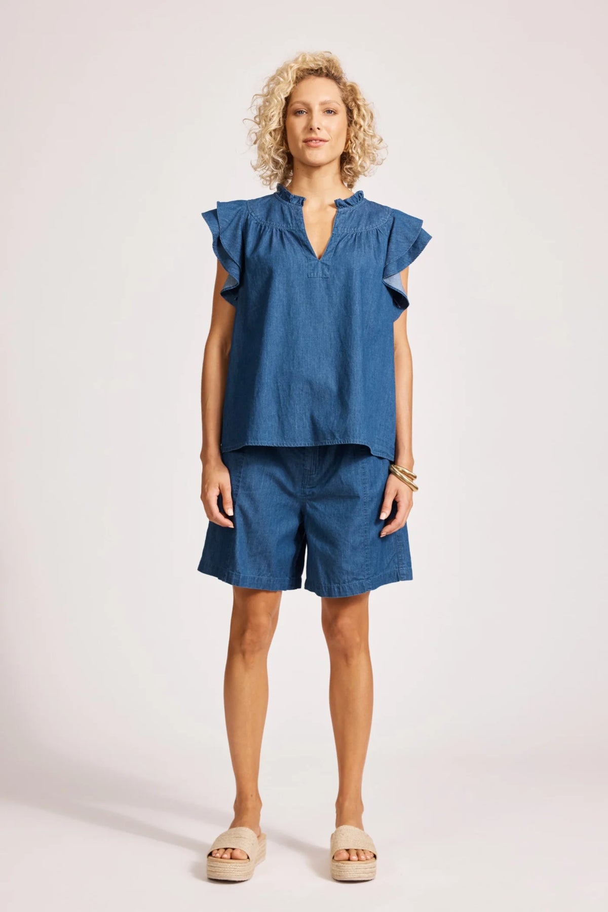 Eb & Ive Melenia Denim Frill Top Indigo