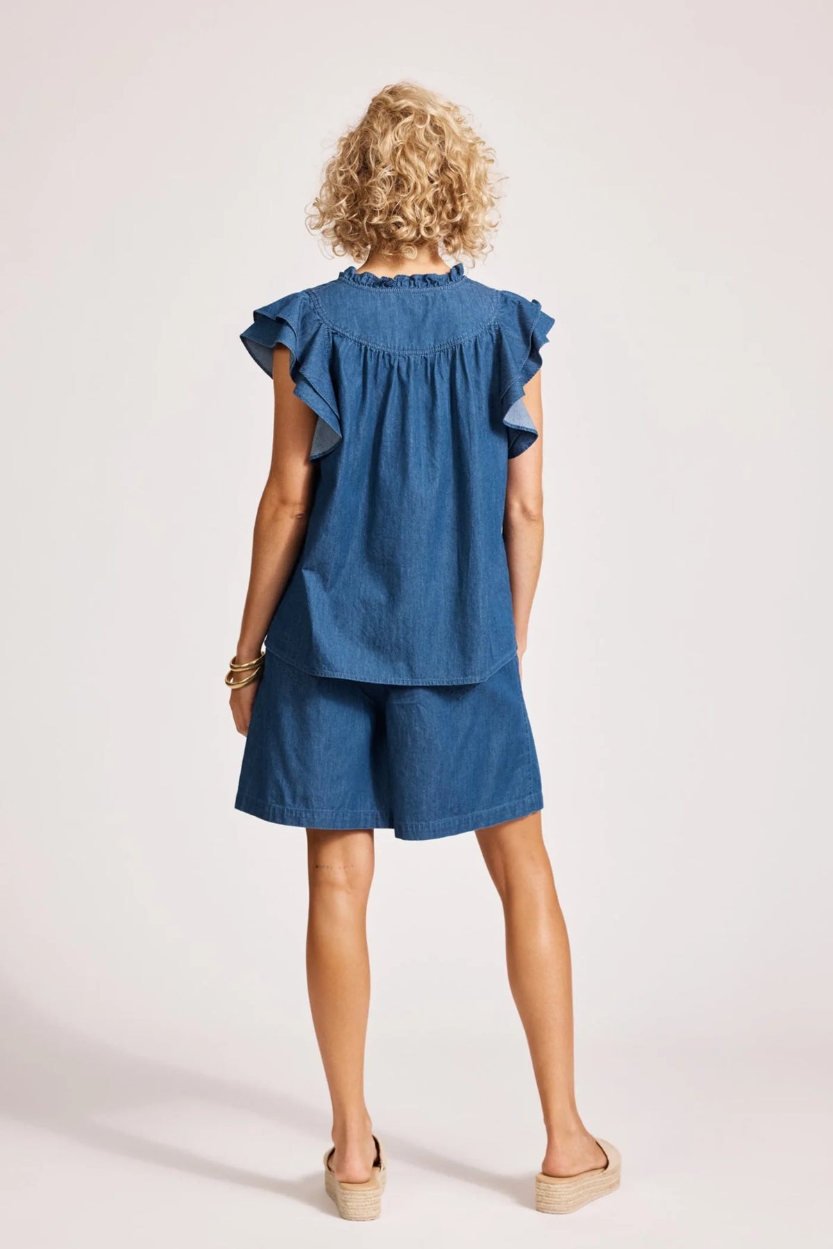 Eb & Ive Melenia Denim Frill Top Indigo