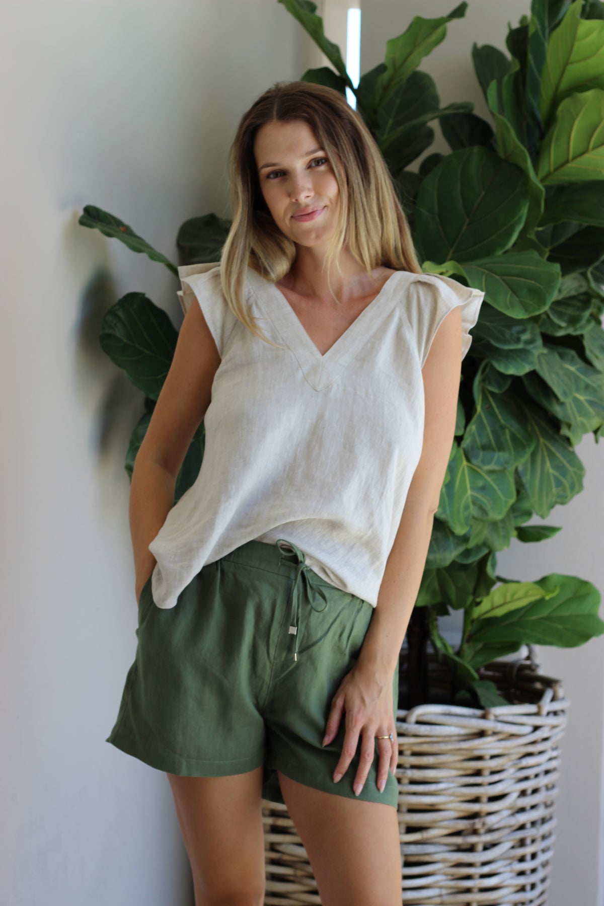 Haven Noosa Relaxed Linen Shorts Dark Fern