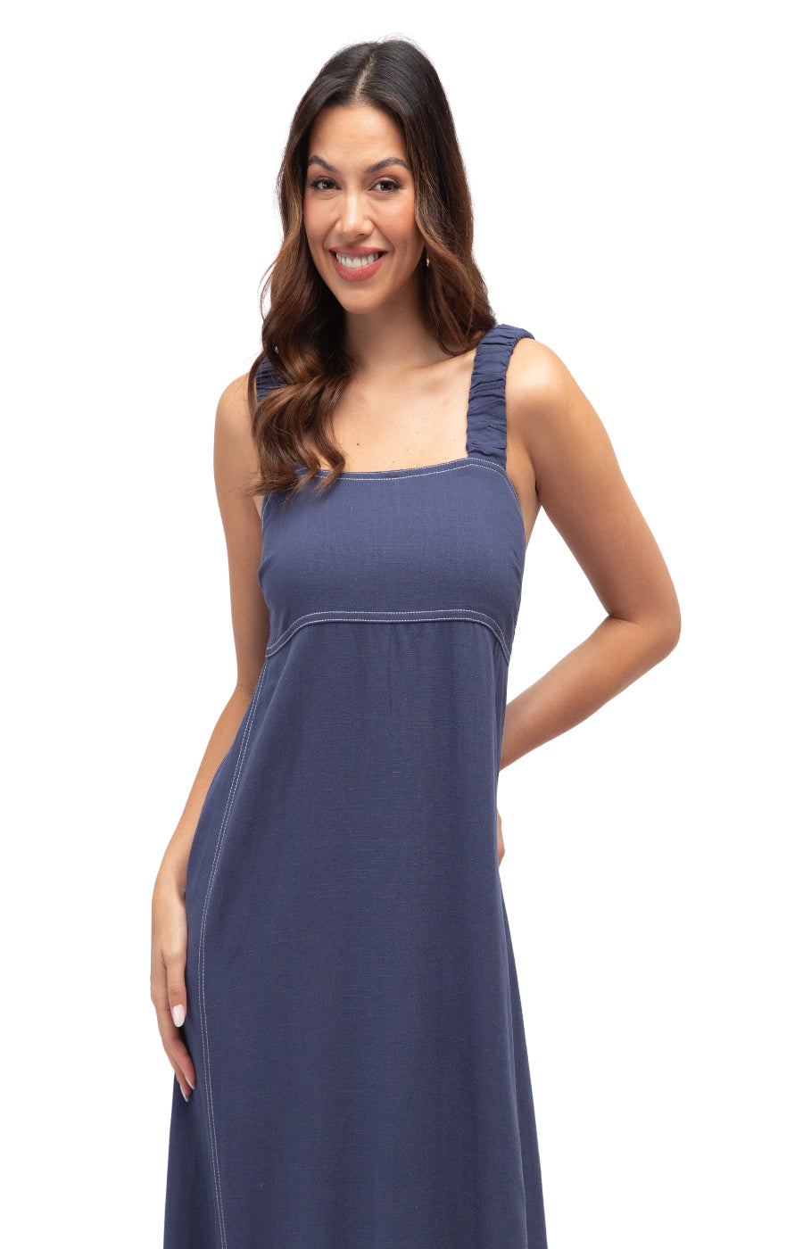 Woman wearing a blue dress on a white background