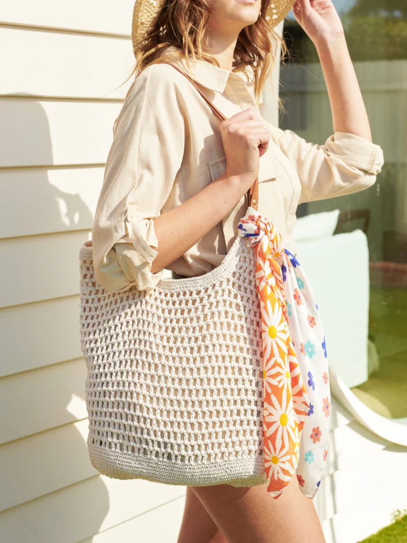 Angels Whisper Cotton Crochet Summer Tote Beige