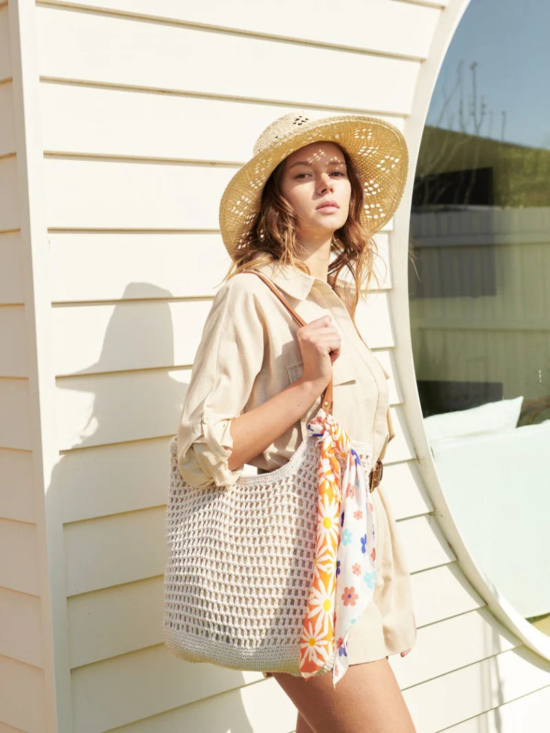 Angels Whisper Cotton Crochet Summer Tote Beige