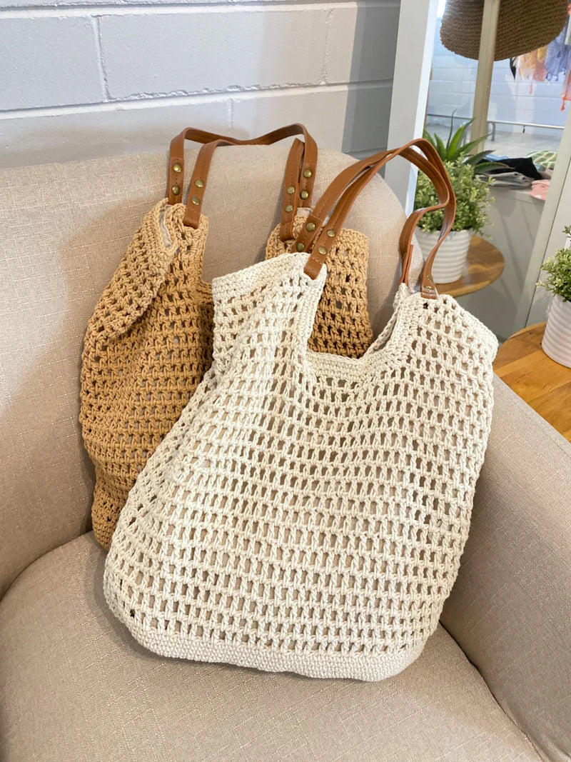 Angels Whisper Cotton Crochet Summer Tote Beige