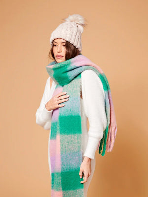 Angels Whisper Pink & Green Checkered Fluffy Scarf