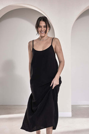 Eadie Midi Linen Slip Dress Black