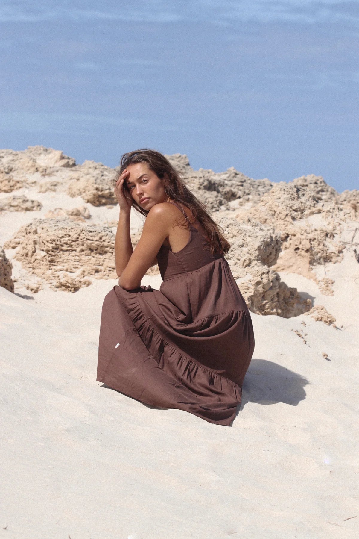 Rhythm Classic Tiered Midi Dress Chocolate