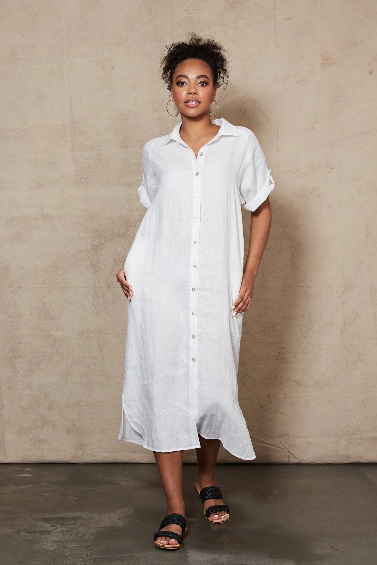 EB AND IVE STUDIO SHIRT MAXI LINEN DRESS WHITE
